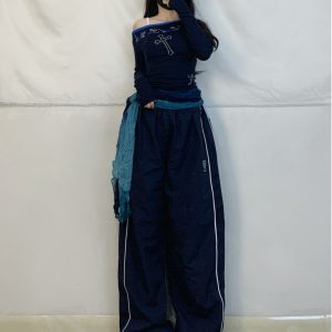 Women’s Dark Blue Color Block Jazz Dance Long Pants - Loose Wide-Leg Hip Hop Quick-Dry Style