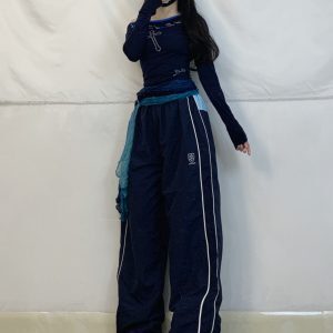 Women’s Dark Blue Color Block Jazz Dance Long Pants - Loose Wide-Leg Hip Hop Quick-Dry Style