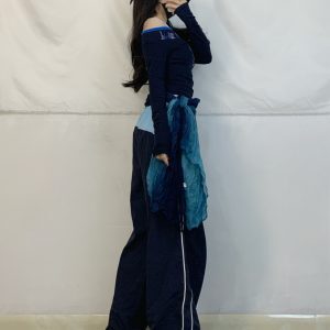 Women’s Dark Blue Color Block Jazz Dance Long Pants - Loose Wide-Leg Hip Hop Quick-Dry Style