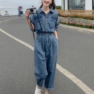 Women's Denim Jumpsuit - Trendy Spring Summer 2025 Outfit, Chic Fit for Petite Figures, Y2K Inspired Style