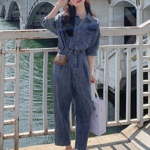 Women's Denim Jumpsuit - Trendy Spring Summer 2025 Outfit, Chic Fit for Petite Figures, Y2K Inspired Style