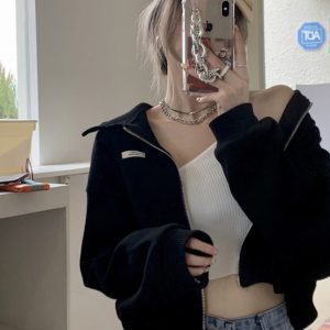 Women's Early Autumn Hip-Hop Zip-Up Sweatshirt, Thin Waffle Top, Street Style Jacket, Trendy Casual Wear
