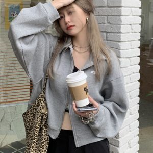 Women's Early Autumn Hip-Hop Zip-Up Sweatshirt, Thin Waffle Top, Street Style Jacket, Trendy Casual Wear