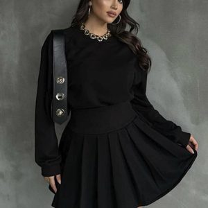 Women's Early Autumn Two-Piece Set: Casual Round Neck Long Sleeve Top with Waist-Cinching Design & Pleated Short Skirt