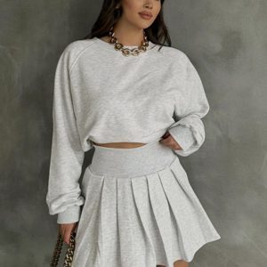 Women's Early Autumn Two-Piece Set: Casual Round Neck Long Sleeve Top with Waist-Cinching Design & Pleated Short Skirt