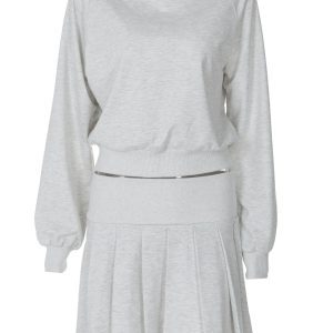 Women's Early Autumn Two-Piece Set: Casual Round Neck Long Sleeve Top with Waist-Cinching Design & Pleated Short Skirt