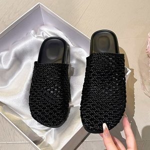 Women's European-Style Woven Hollow-Out Sandals - Summer Slip-On Closed-Toe Mesh Shoes with Thick Sole