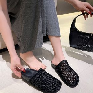 Women's European-Style Woven Hollow-Out Sandals - Summer Slip-On Closed-Toe Mesh Shoes with Thick Sole