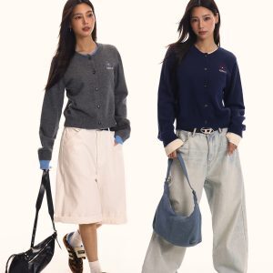Women's Fake Two-Piece Spliced Sweater Cardigan - Knitted Slim Fit Outerwear in American Vintage Style