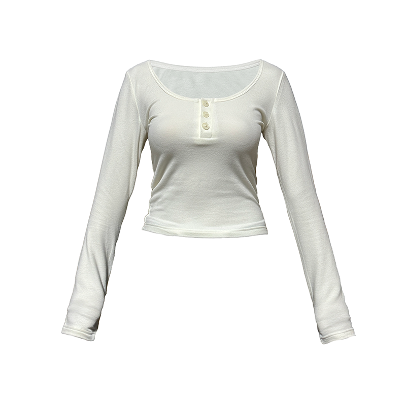Women's Fitted Long Sleeve Top with Half-Round Henry Collar – Skin-Friendly Design for Casual Chic Style
