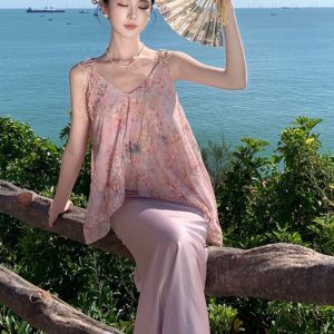 Women's Floral V-Neck Camisole Top & Pink Satin Half Skirt Two-Piece Set - Irregular French-Style Design, Chic Summer Outfit