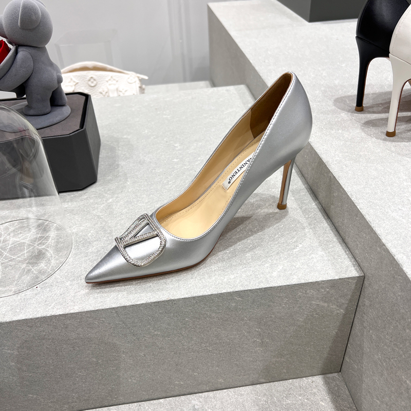 Women's French Silver Shallow Mouth Pointed High Heels with Rhinestone Detail - Elegant Fairy Wedding Shoes