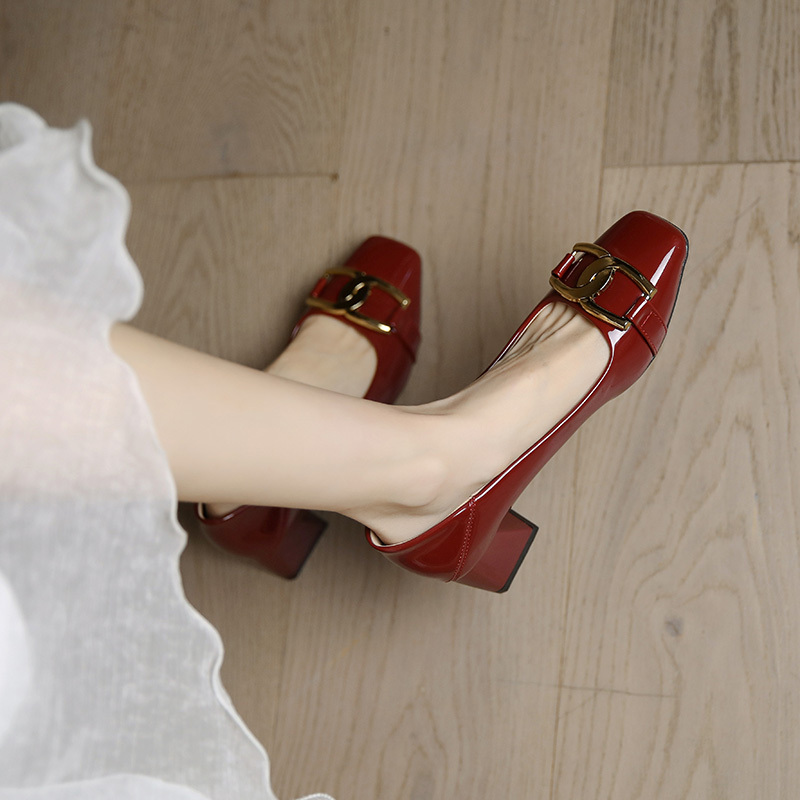 Women's French-Style Pointed-Toe High Heels, Patent Leather Wine Red Chunky Heel, Spring 2025 Fashion