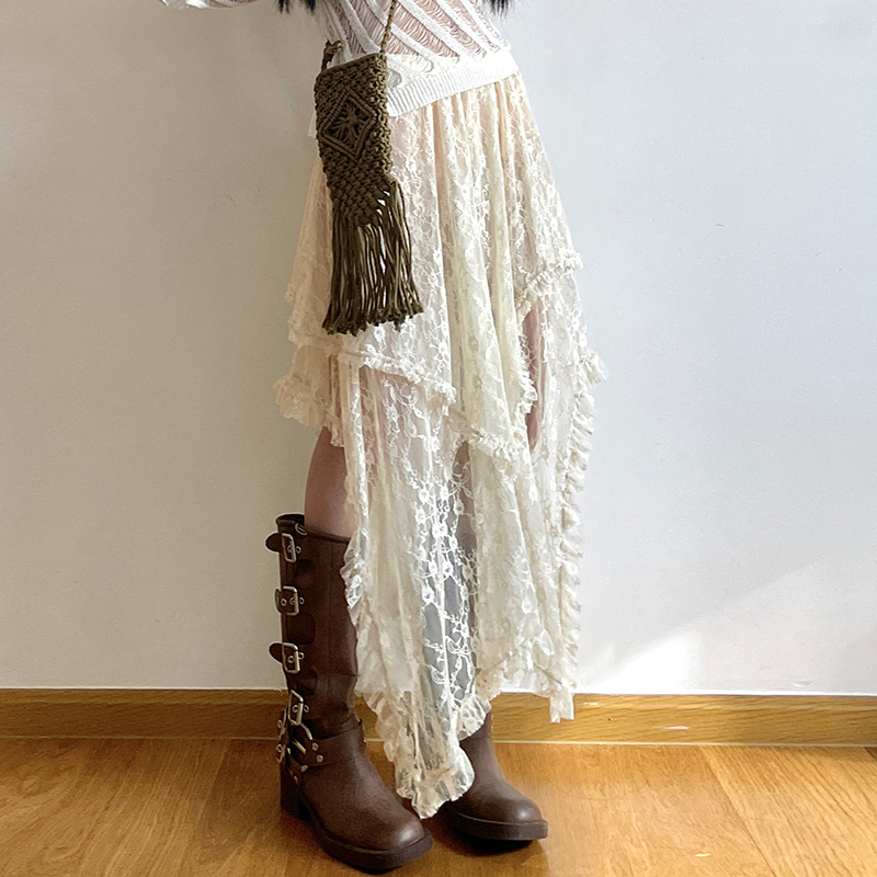 Women's French Vacation Style Lace Crochet Hollow Half Skirt - Versatile Irregular Flowing Mid-Length Skirt for Casual Wear