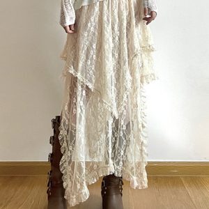 Women's French Vacation Style Lace Crochet Hollow Half Skirt - Versatile Irregular Flowing Mid-Length Skirt for Casual Wear