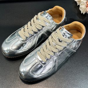 Women's Genuine Leather Silver Training Shoes - Retro Flat Ballet Sneakers, Soft-Soled Casual Sports Footwear for Spring 2025