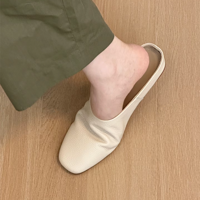 Women's Genuine Leather Soft Sheepskin Slip-On Half Slippers - Versatile Cool Sandals for Outdoor and Home Use