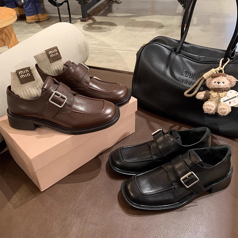 Women's Genuine Leather Square-Toe Loafers with Buckle Strap, Retro British Style, Chunky Heel for Autumn and Winter Fashion