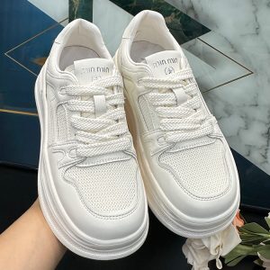 Women's Genuine Leather White Sneakers - 2025 Spring/Summer Fashion, Breathable Mesh Round Toe, Thick Sole Casual Sports Shoes