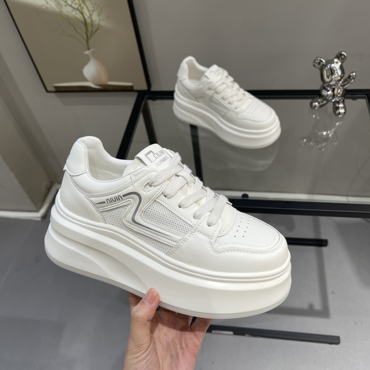 Women’s Genuine Leather White Sneakers - Summer 2025 Breathable Hollow Mesh Casual Platform Shoes, Height-Increasing 6cm for Petite Style