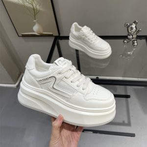 Women’s Genuine Leather White Sneakers - Summer 2025 Breathable Hollow Mesh Casual Platform Shoes, Height-Increasing 6cm for Petite Style
