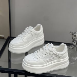 Women’s Genuine Leather White Sneakers - Summer 2025 Breathable Hollow Mesh Casual Platform Shoes, Height-Increasing 6cm for Petite Style