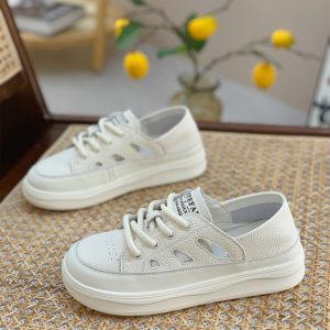 Women’s Genuine Leather White Sneakers - Summer Thin Style, Thick Sole, Hollow Design, Two-Way Wear, Casual Sports Shoes 2025