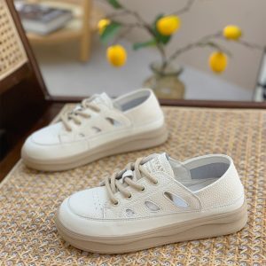 Women’s Genuine Leather White Sneakers - Summer Thin Style, Thick Sole, Hollow Design, Two-Way Wear, Casual Sports Shoes 2025