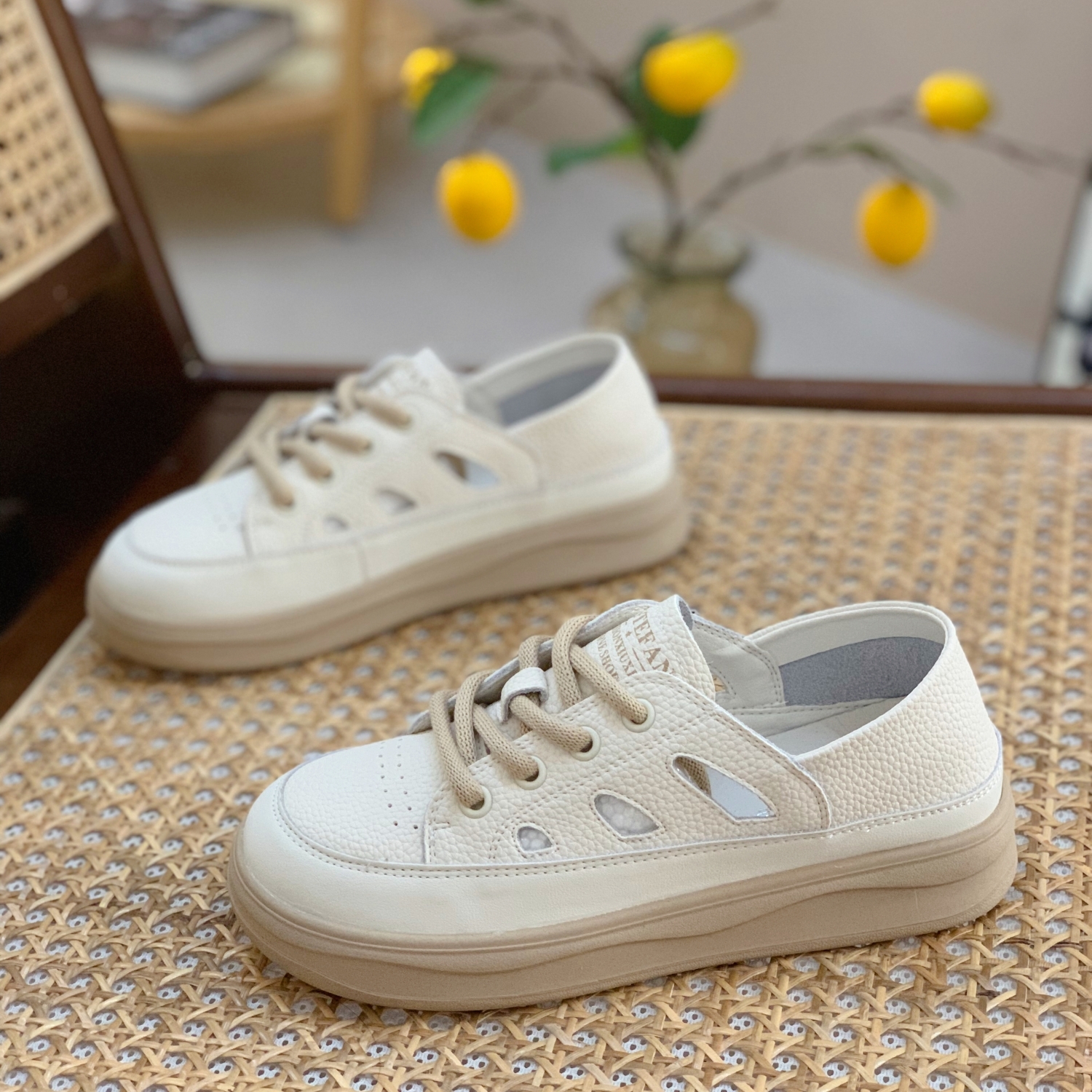 Women’s Genuine Leather White Sneakers - Summer Thin Style, Thick Sole, Hollow Design, Two-Way Wear, Casual Sports Shoes 2025