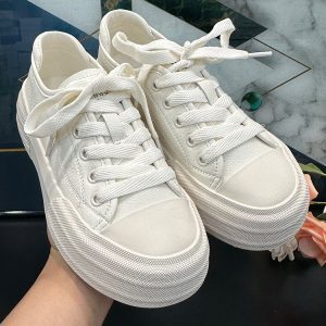 Women's Genuine Leather White Sneakers, Breathable Lace-Up Design, Ultra-Soft Thick-Soled Casual Shoes for Spring/Summer 2025, Trendy Style