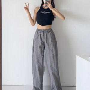 Women's Gray Casual Pants with Loose Low-Waist, Drawstring, Elastic Waist, Pleats, and Quick-Dry Fabric - Functional Workwear Style