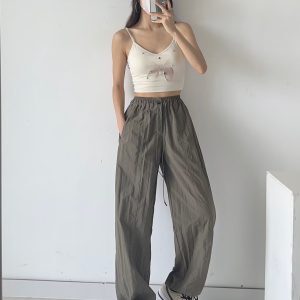 Women's Gray Casual Pants with Loose Low-Waist, Drawstring, Elastic Waist, Pleats, and Quick-Dry Fabric - Functional Workwear Style