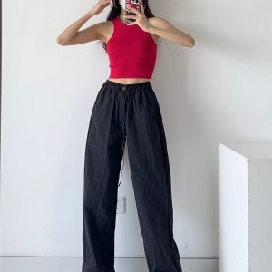 Women's Gray Casual Pants with Loose Low-Waist, Drawstring, Elastic Waist, Pleats, and Quick-Dry Fabric - Functional Workwear Style