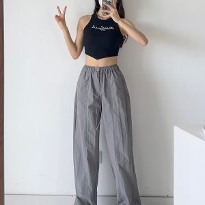 Women's Gray Casual Pants with Loose Low-Waist, Drawstring, Elastic Waist, Pleats, and Quick-Dry Fabric - Functional Workwear Style
