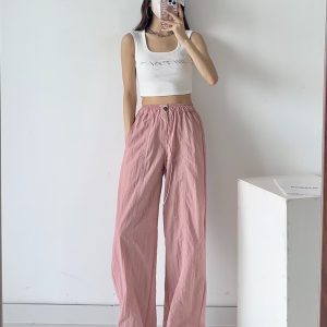 Women's Gray Casual Pants with Loose Low-Waist, Drawstring, Elastic Waist, Pleats, and Quick-Dry Fabric - Functional Workwear Style