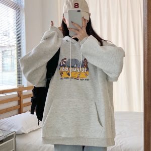 Women's Gray Hoodie, Thin Korean Style Spring Autumn Jacket, Loose BF Trendy Fashion Top for Casual Wear