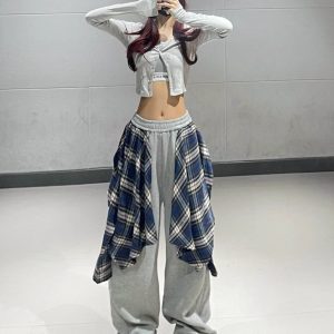 Women's Gray Plaid Splicing Shirt and Straight-Leg Sweatpants Set for Autumn Winter Jazz Dance - Stylish Two-Piece Activewear