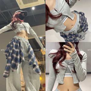 Women's Gray Plaid Splicing Shirt and Straight-Leg Sweatpants Set for Autumn Winter Jazz Dance - Stylish Two-Piece Activewear
