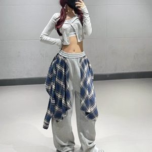 Women's Gray Plaid Splicing Shirt and Straight-Leg Sweatpants Set for Autumn Winter Jazz Dance - Stylish Two-Piece Activewear