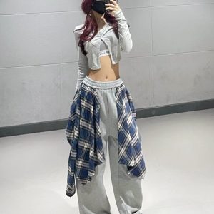 Women's Gray Plaid Splicing Shirt and Straight-Leg Sweatpants Set for Autumn Winter Jazz Dance - Stylish Two-Piece Activewear
