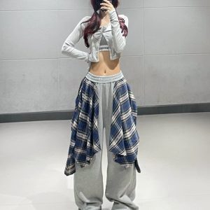 Women's Gray Plaid Splicing Shirt and Straight-Leg Sweatpants Set for Autumn Winter Jazz Dance - Stylish Two-Piece Activewear