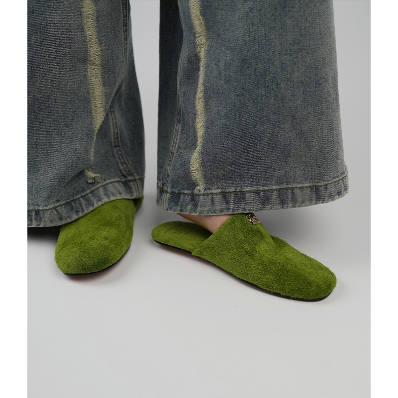 Women’s Green Open-Toe Slippers - Casual Flat Genuine Leather Half-Sandals for Summer Vacation Fashion
