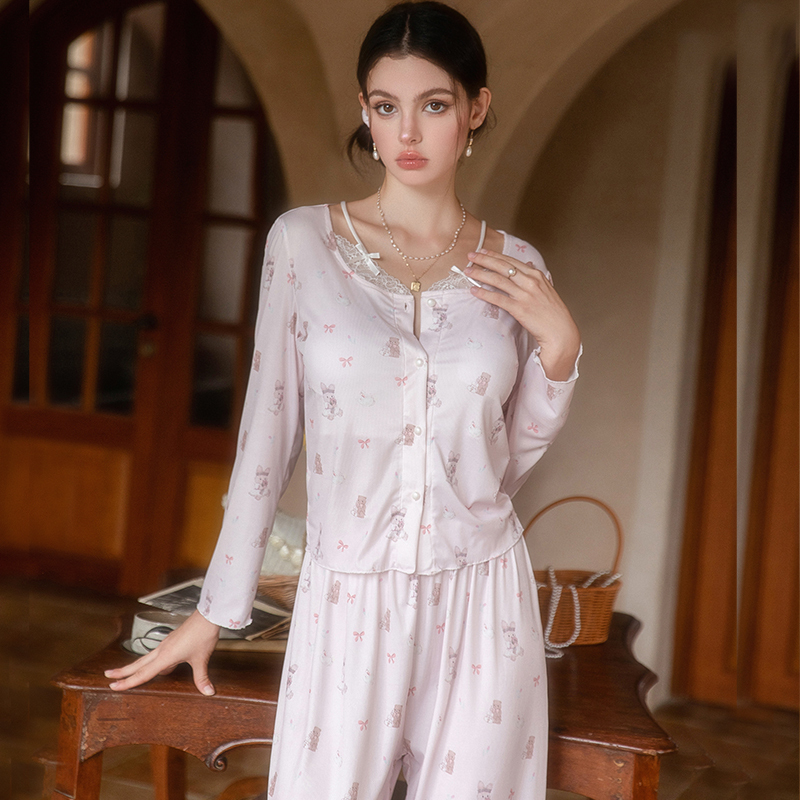 Women's High-End Long Sleeve Pajamas with Chest Pads - 2024 Pure Desire Loungewear for Autumn & Winter, Cozy and Chic