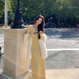 Women's High-End Long Sleeve Waist-Defining Slimming Dress - Autumn Winter Fashion, Elegant Long Skirt