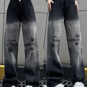 Women's High Waist Printed Wide-Leg Jeans - Trendy Slim Fit Loose Straight Leg Pants for High Street Style