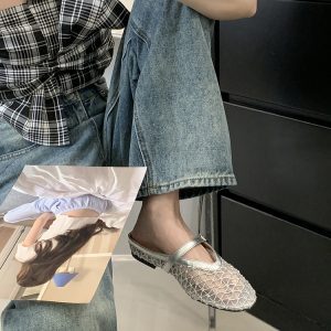 Women's Hollow Mesh Half Slippers - Summer 2025 One-Strap Round Toe Flat Breathable Fishing Net Sandals