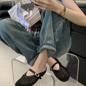 Women's Hollow Mesh Half Slippers - Summer 2025 One-Strap Round Toe Flat Breathable Fishing Net Sandals