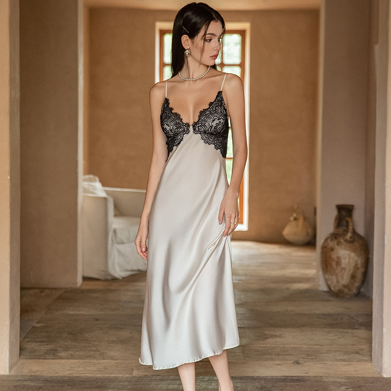 Women's Ice Silk Camisole Nightgown - French Sexy Sleepwear, Long Design for Autumn/Winter & Spring/Summer, Pure Desire Style