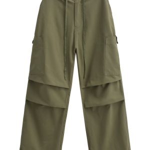 Women's Jazz Dance Outfit with Green Bow Short T-Shirt and Army Green Low Waist Straight Leg Cargo Pants - Y2K Style