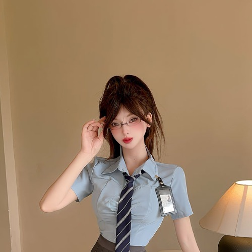 Women's JK Uniform Set - Short Sleeve Blue Shirt with Pleated Skirt - Perfect for Club Work, Spa, or Foot Massage Services